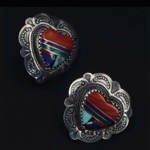 Sterling Milti-Stone Inlay Heart Shaped Earrings